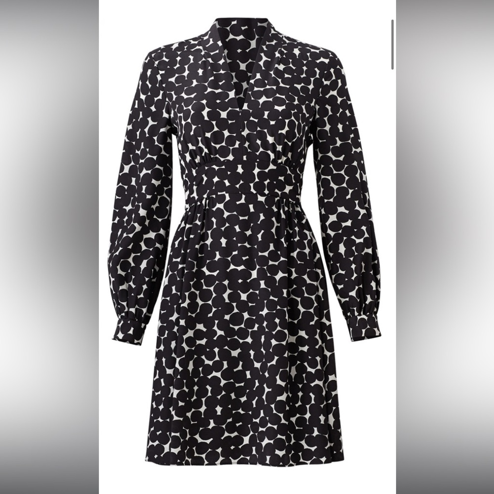Kate Spade Dots Silk Flared V-Neck Long Sleeve Dress, size 2, Black and white
